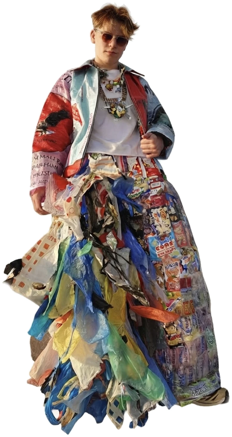 Niklas Bruggeman wearing a jacket and long skirt made of plastic bags and snack wrappers